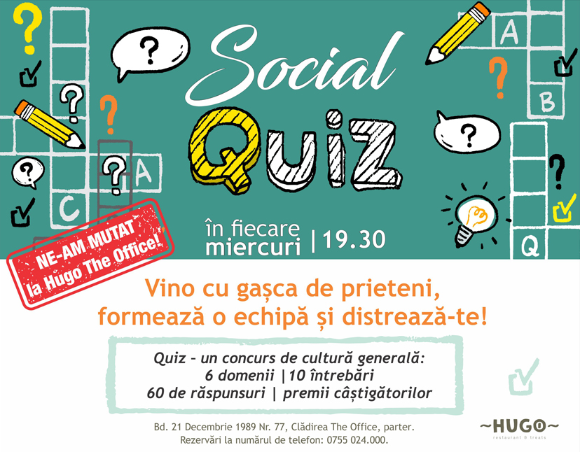 Quiz Night, în fiecare miercuri, la Hugo The Office!